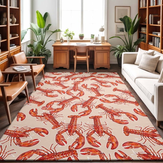 Large Area Rugs 8'x10', Coastal Lobster Carpet Runner Indoor Outdoor Rugs Home Decor Aesthetic, Summer Beach Ocean Marinelifes Red Brown Non Slip Mats Washable Accent Rug for Living Room Bedroom