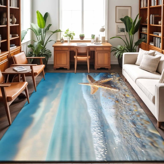 Large Area Rugs 8'x10', Coastal Starfish Carpet Runner Indoor Outdoor Rugs Home Decor Aesthetic, Modern Beach Ocean Waves Blue Sky Non Slip Mats Washable Accent Rug for Living Room Bedroom