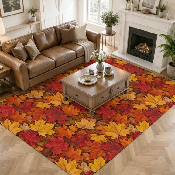 Large Area Rugs 8'x10', Fall Maples Carpet Runner Indoor Outdoor Rugs Home Decor Aesthetic, Thanksgiving Orange Red Harvest Leaves Non Slip Mats Washable Accent Rug for Living Room Bedroom