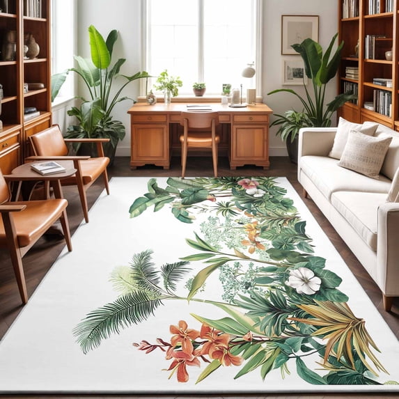Large Area Rugs 8'x10', Green Tropical Leaves Carpet Runner Indoor Outdoor Rugs Home Decor Aesthetic, Summer Floral Vintage Non Slip Mats Washable Accent Rug for Living Room Bedroom
