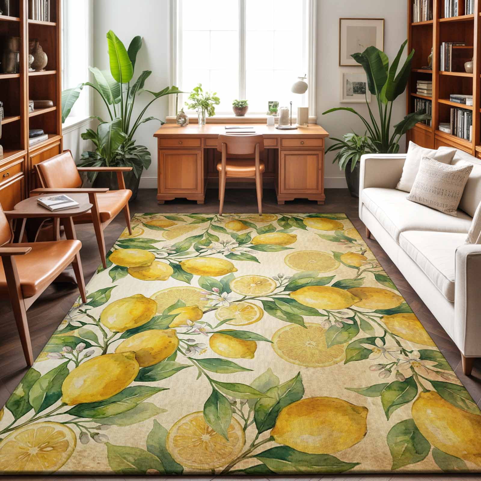 Large Area Rugs 8'x10', Lemon Carpet Runner Indoor Outdoor Rugs Home Decor Aesthetic, Farmhouse Vintage Summer Retro Fruits Yellow Brown Non Slip Mats Washable Accent Rug for Living Room Bedroom