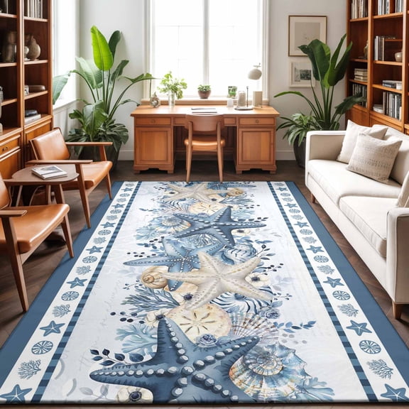 Large Area Rugs 8'x10', Navy Blue Starfish Coastal Carpet Runner Indoor Outdoor Rugs Home Decor Aesthetic, Ocean Beach Coral Nautical Non Slip Mats Washable Accent Rug for Living Room Bedroom