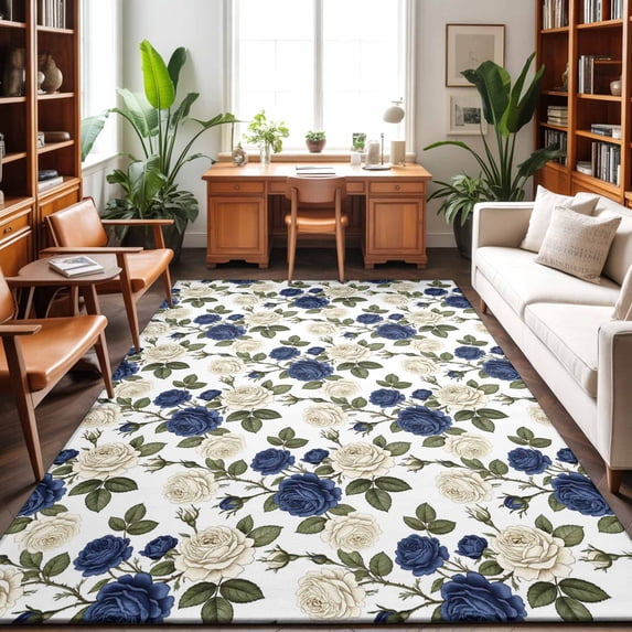 Large Area Rugs 8'x10', Navy Blue White Floral Carpet Runner Indoor Outdoor Rugs Home Decor Aesthetic, Farmhouse Flowers Botanical Leaf Non Slip Mats Washable Accent Rug for Living Room Bedroom