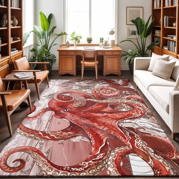 Large Area Rugs 8'x10', Ocean Red Octopus Carpet Runner Indoor Outdoor Rugs Home Decor Aesthetic, Nautical Castle Coastal Lighthouse Non Slip Mats Washable Accent Rug for Living Room Bedroom