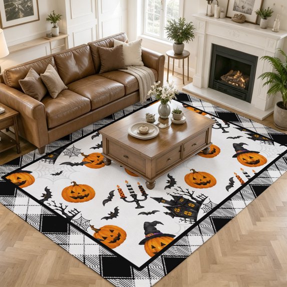 Large Area Rugs 8'x10', Orange Pumpkins Halloween Carpet Runner Indoor Outdoor Rugs Home Decor Aesthetic, Black Castle Black Plaid Non Slip Mats Washable Accent Rug for Living Room Bedroom
