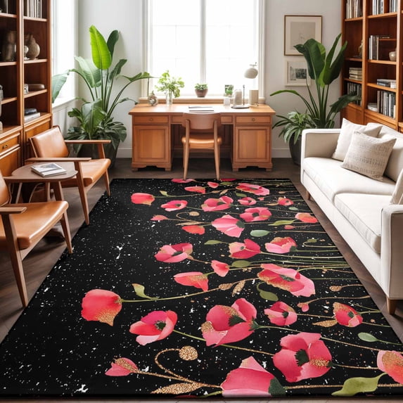 Large Area Rugs 8'x10', Red Poppy Carpet Runner Indoor Outdoor Rugs Home Decor Aesthetic, Spring Summer Flowers Botanical Black Non Slip Mats Washable Accent Rug for Living Room Bedroom