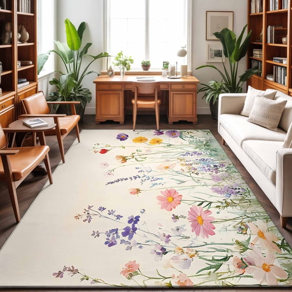 Large Area Rugs 8'x10', Spring Floral Carpet Runner Indoor Outdoor Rugs Home Decor Aesthetic, Retro Flowers Farmhouse Watercolor Non Slip Mats Washable Accent Rug for Living Room Bedroom