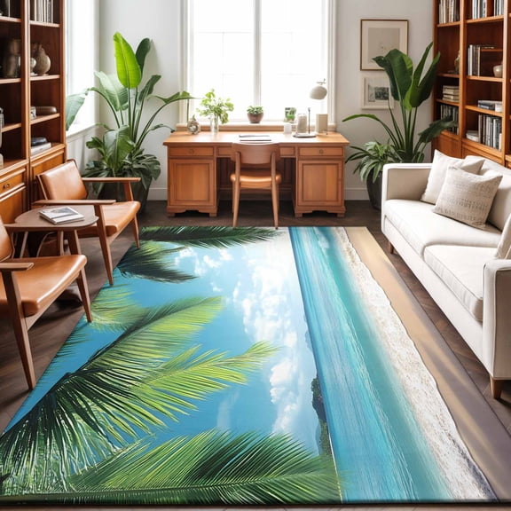 Large Area Rugs 8'x10', Summer Beach Carpet Runner Indoor Outdoor Rugs Home Decor Aesthetic, Ocean Tropical Palm Tree Seaside Landscape Non Slip Mats Washable Accent Rug for Living Room Bedroom