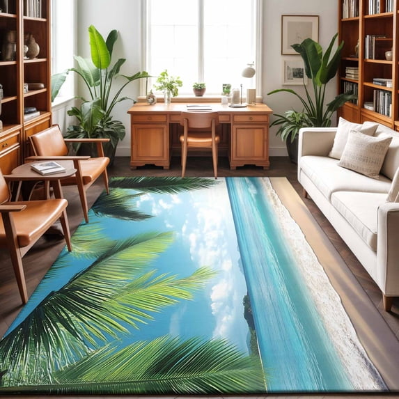 Large Area Rugs 8'x10', Summer Beach Carpet Runner Indoor Outdoor Rugs Home Decor Aesthetic, Ocean Tropical Palm Tree Seaside Landscape Non Slip Mats Washable Accent Rug for Living Room Bedroom