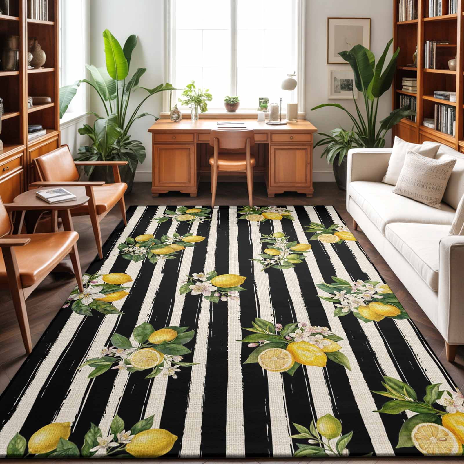 Large Area Rugs 8'x10', Summer Lemons Carpet Runner Indoor Outdoor Rugs Home Decor Aesthetic, Vintage Fruits Flowers Black Striped Non Slip Mats Washable Accent Rug for Living Room Bedroom