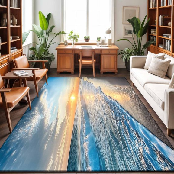 Large Area Rugs 8'x10', Sunset Beach Carpet Runner Indoor Outdoor Rugs Home Decor Aesthetic, Spray Ocean Waves Sky Nature Scenery Non Slip Mats Washable Accent Rug for Living Room Bedroom