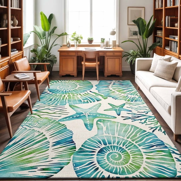 Large Area Rugs 8'x10', Teal Green Coastal Carpet Runner Indoor Outdoor Rugs Home Decor Aesthetic, Summer Beach Nautical Starfish Shell Coral Non Slip Mats Washable Accent Rug for Living Room Bedroom