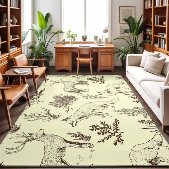 Large Area Rugs 8'x10', Vintage Elk Fox Carpet Runner Indoor Outdoor Rugs Home Decor Aesthetic, Rustic Yellow Simple Drawn Grass Non Slip Mats Washable Accent Rug for Living Room Bedroom