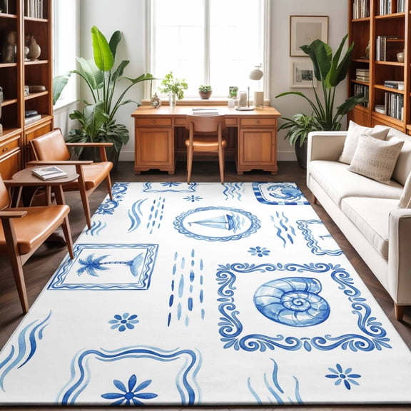 Large Area Rugs 9'x12', Blue Nautical Ship Carpet Runner Indoor Outdoor Rugs Home Decor Aesthetic, Coastal Conch Crab Palm Trees Waves Non Slip Mats Washable Accent Rug for Living Room Bedroom