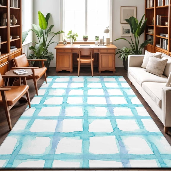 Large Area Rugs 9'x12', Blue Plaid Carpet Runner Indoor Outdoor Rugs Home Decor Aesthetic, Farmhouse Buffalo Check Stripes Modern Geometric Non Slip Mats Washable Accent Rug for Living Room Bedroom