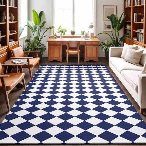 Large Area Rugs 9'x12', Blue Plaid Carpet Runner Indoor Outdoor Rugs Home Decor Aesthetic, Modern Minimalist Geometric Gingham Checkered Non Slip Mats Washable Accent Rug for Living Room Bedroom