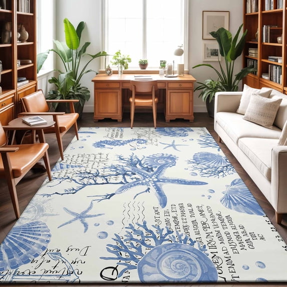 Large Area Rugs 9'x12', Blue Seashells Carpet Runner Indoor Outdoor Rugs Home Decor Aesthetic, Coastal Nautical Ocean Starfish Coral Non Slip Mats Washable Accent Rug for Living Room Bedroom