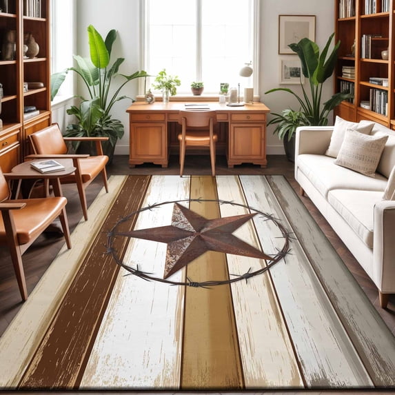 Large Area Rugs 9'x12', Brown Beige Texas Star Retro Carpet Runner Indoor Outdoor Rugs Home Decor Aesthetic, Vintage Stars Wooden Non Slip Mats Washable Accent Rug for Living Room Bedroom