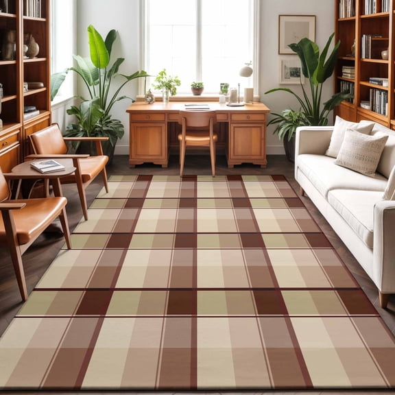 Large Area Rugs 9'x12', Brown Plaid Carpet Runner Indoor Outdoor Rugs Home Decor Aesthetic, Modern Abstract Ombre Gingham Checkered Non Slip Mats Washable Accent Rug for Living Room Bedroom