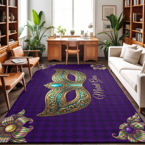 Large Area Rugs 9'x12', Carnival Carpet Runner Indoor Outdoor Rugs Home Decor Aesthetic, Modern Chic Mask Flower Purple Plaid Checkered Non Slip Mats Washable Accent Rug for Living Room Bedroom