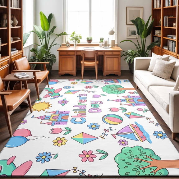 Large Area Rugs 9'x12', Children's Day Carpet Runner Indoor Outdoor Rugs Home Decor Aesthetic, Airplanes Sailing Boats Tree Cartoon School Non Slip Mats Washable Accent Rug for Living Room Bedroom