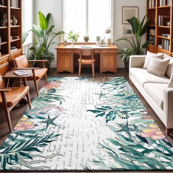 Large Area Rugs 9'x12', Coastal Green Seaweed Carpet Runner Indoor Outdoor Rugs Home Decor Aesthetic, Summer Beach Coral Starfish Retro Non Slip Mats Washable Accent Rug for Living Room Bedroom