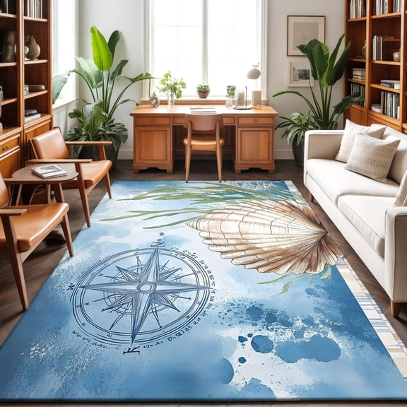 Large Area Rugs 9'x12', Coastal Nautical Carpet Runner Indoor Outdoor Rugs Home Decor Aesthetic, Summer Ocean Shell Seaweed Non Slip Mats Washable Accent Rug for Living Room Bedroom
