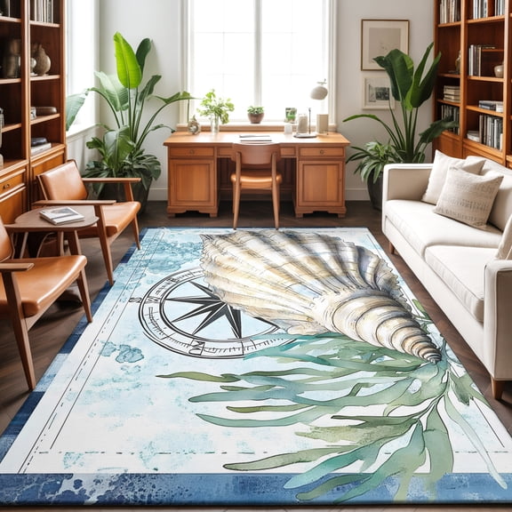 Large Area Rugs 9'x12', Coastal Ocean Carpet Runner Indoor Outdoor Rugs Home Decor Aesthetic, Summer Nautical Compass Shell Seaweed Non Slip Mats Washable Accent Rug for Living Room Bedroom