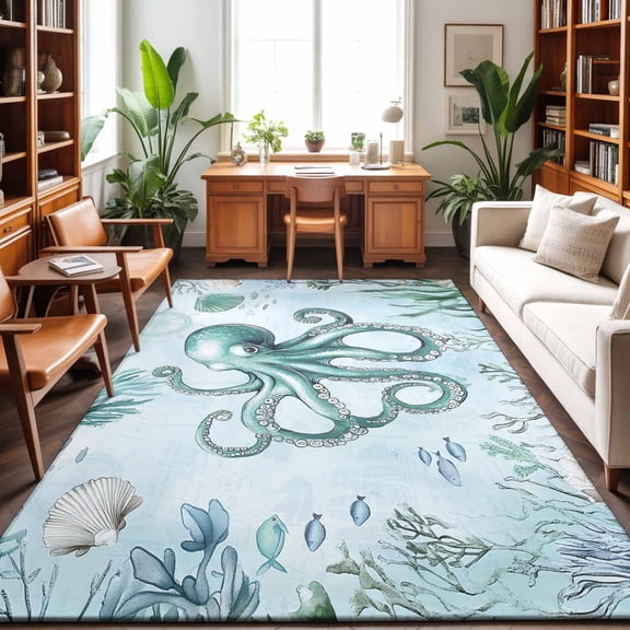 Large Area Rugs 9'x12', Coastal Octopus Carpet Runner Indoor Outdoor Rugs Home Decor Aesthetic, Cyan Nautical Fish Shells Seaweeds Non Slip Mats Washable Accent Rug for Living Room Bedroom