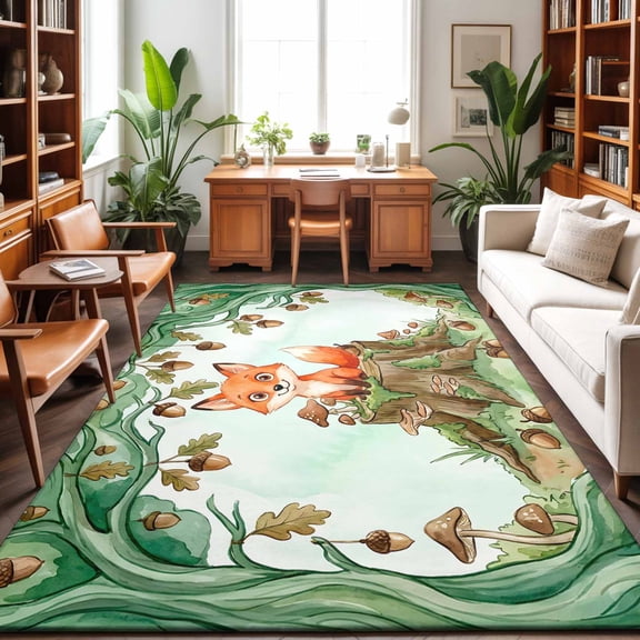Large Area Rugs 9'x12', Cute Fox Forest Carpet Runner Indoor Outdoor Rugs Home Decor Aesthetic, Green Trees Cone Leaves Mushroom Non Slip Mats Washable Accent Rug for Living Room Bedroom