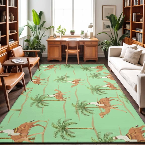 Large Area Rugs 9'x12', Desert Camels Carpet Runner Indoor Outdoor Rugs Home Decor Aesthetic, Tropical Date Palm Trees Animal Green Non Slip Mats Washable Accent Rug for Living Room Bedroom