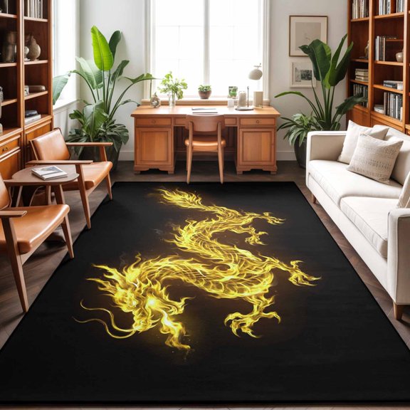 Large Area Rugs 9'x12', Dragon Flames Carpet Runner Indoor Outdoor Rugs Home Decor Aesthetic, Yellow Dragons Abstract Modern Art Non Slip Mats Washable Accent Rug for Living Room Bedroom