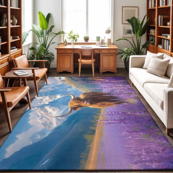 Large Area Rugs 9'x12', Farm Yak Carpet Runner Indoor Outdoor Rugs Home Decor Aesthetic, Blue Sky Lavender Botanical Mountain Non Slip Mats Washable Accent Rug for Living Room Bedroom