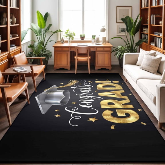 Large Area Rugs 9'x12', Graduation Carpet Runner Indoor Outdoor Rugs Home Decor Aesthetic, School Grad Gold Stars Black Non Slip Mats Washable Accent Rug for Living Room Bedroom