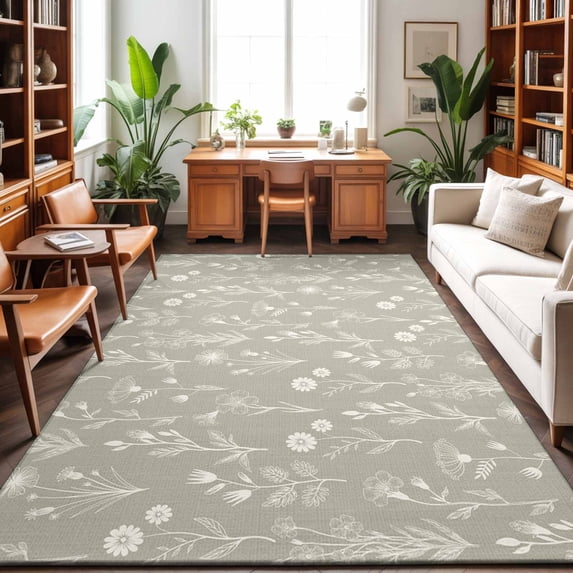 Large Area Rugs 9'x12', Gray Green Flowers Carpet Runner Indoor Outdoor Rugs Home Decor Aesthetic, Spring Summer Farmhouse Botanical Non Slip Mats Washable Accent Rug for Living Room Bedroom