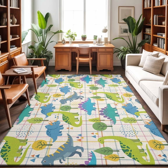 Large Area Rugs 9'x12', Green Blue Dinosaur Carpet Runner Indoor Outdoor Rugs Home Decor Aesthetic, Striped Trees Animals Modern Art Non Slip Mats Washable Accent Rug for Living Room Bedroom