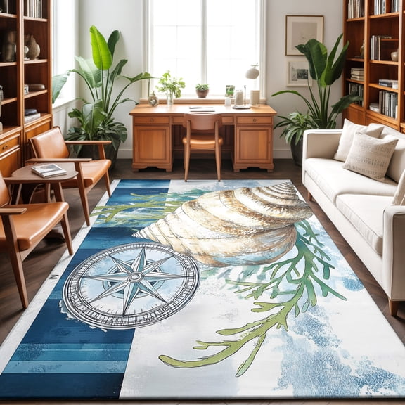 Large Area Rugs 9'x12', Nautical Compass Carpet Runner Indoor Outdoor Rugs Home Decor Aesthetic, Coastal Ocean Shell Seaweed Non Slip Mats Washable Accent Rug for Living Room Bedroom