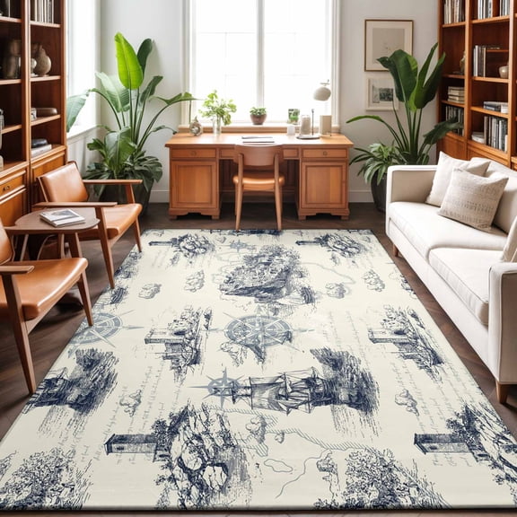 Large Area Rugs 9'x12', Nautical Ship Carpet Runner Indoor Outdoor Rugs Home Decor Aesthetic, Retro Coastal Ocean Lighthouse Mountain Map Non Slip Mats Washable Accent Rug for Living Room Bedroom