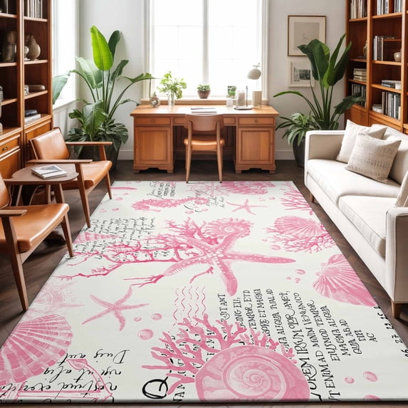 Large Area Rugs 9'x12', Pink Coastal Starfish Carpet Runner Indoor Outdoor Rugs Home Decor Aesthetic, Nautical Rudder Ocean Animals Non Slip Mats Washable Accent Rug for Living Room Bedroom