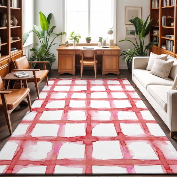Large Area Rugs 9'x12', Red Buffalo Plaid Carpet Runner Indoor Outdoor Rugs Home Decor Aesthetic, Farmhouse Check Stripes Retro Geometric Non Slip Mats Washable Accent Rug for Living Room Bedroom