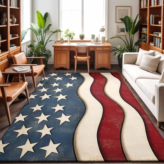 Large Area Rugs 9'x12', Retro American Flag Carpet Runner Indoor Outdoor Rugs Home Decor Aesthetic, White Star Red Blue US Flag Non Slip Mats Washable Accent Rug for Living Room Bedroom