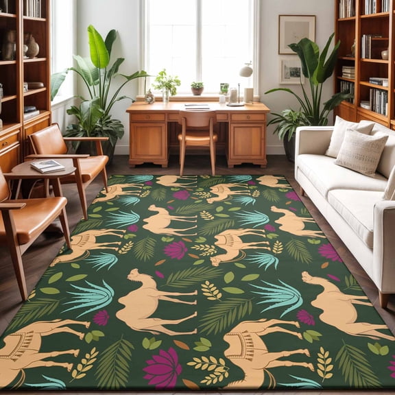 Large Area Rugs 9'x12', Retro Desert Camel Carpet Runner Indoor Outdoor Rugs Home Decor Aesthetic, Tropical Animal Aloe Vera Leaves Dark Green Non Slip Mats Accent Rug for Living Room Bedroom