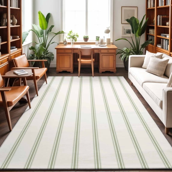 Large Area Rugs 9'x12', Sage Green Striped Carpet Runner Indoor Outdoor Rugs Home Decor Aesthetic, Rustic Green Stripe Modern Art Beige Non Slip Mats Washable Accent Rug for Living Room Bedroom