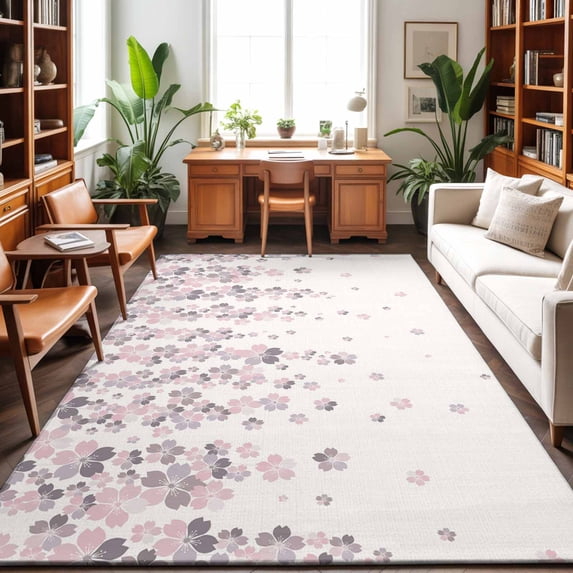 Large Area Rugs 9'x12', Spring Floral Carpet Runner Indoor Outdoor Rugs Home Decor Aesthetic, Pink Gray Cherry Blossom Flowers Beige Non Slip Mats Washable Accent Rug for Living Room Bedroom