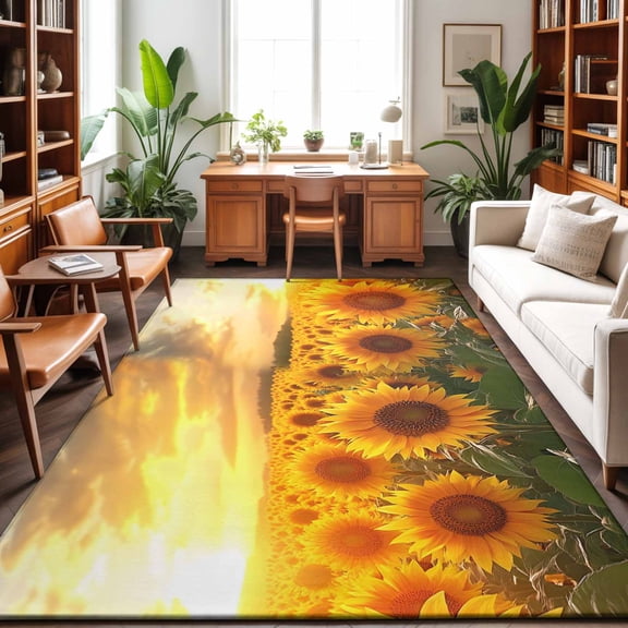Large Area Rugs 9'x12', Summer Sunflowers Carpet Runner Indoor Outdoor Rugs Home Decor Aesthetic, Farmhouse Botanical Floral Sunset Non Slip Mats Washable Accent Rug for Living Room Bedroom