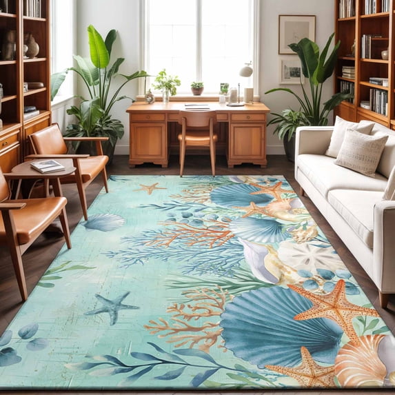Large Area Rugs 9'x12', Teal Coastal Carpet Runner Indoor Outdoor Rugs Home Decor Aesthetic, Summer Beach Starfish Shell Coral Nautical Non Slip Mats Washable Accent Rug for Living Room Bedroom