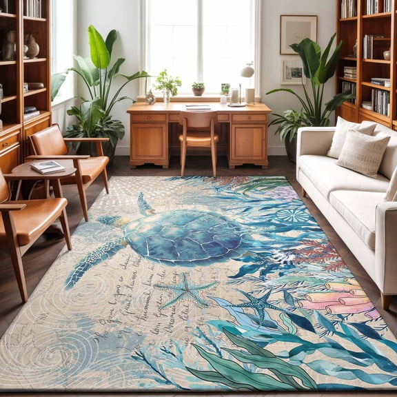 Large Area Rugs 9'x12', Teal Sea Turtle Carpet Runner Indoor Outdoor Rugs Home Decor Aesthetic, Coastal Summer Beach Coral Seaweed Vintage Non Slip Mats Washable Accent Rug for Living Room Bedroom
