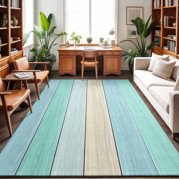 Large Area Rugs 9'x12', Teal Wooden Grain Carpet Runner Indoor Outdoor Rugs Home Decor Aesthetic, Vintage Chic Geometric Ombre Turquoise Non Slip Mats Washable Accent Rug for Living Room Bedroom