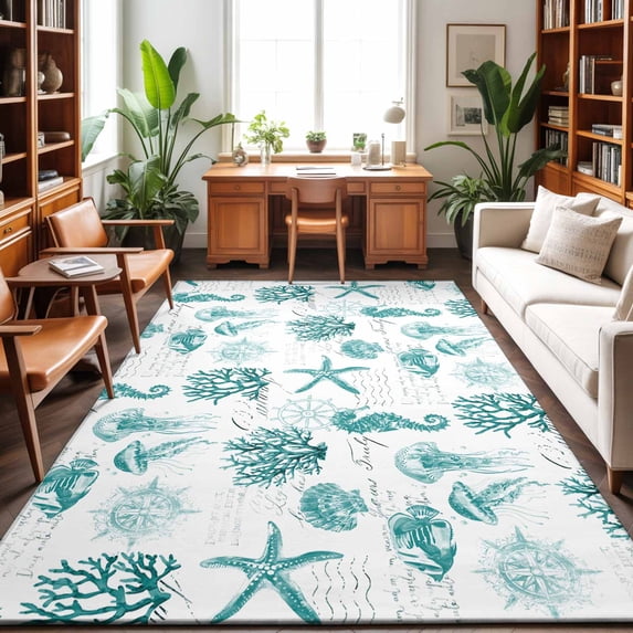 Large Area Rugs 9'x12', Turquoise Coastal Carpet Runner Indoor Outdoor Rugs Home Decor Aesthetic, Nautical Starfish Jellyfish Rudder Non Slip Mats Washable Accent Rug for Living Room Bedroom