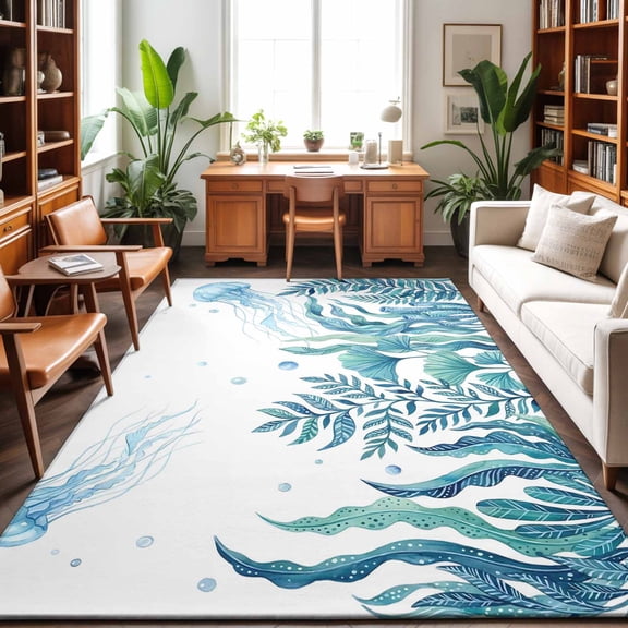 Large Area Rugs 9'x12', Turquoise Jellyfish Coastal Carpet Runner Indoor Outdoor Rugs Home Decor Aesthetic, Summer Beach Ocean Seaweed Non Slip Mats Washable Accent Rug for Living Room Bedroom